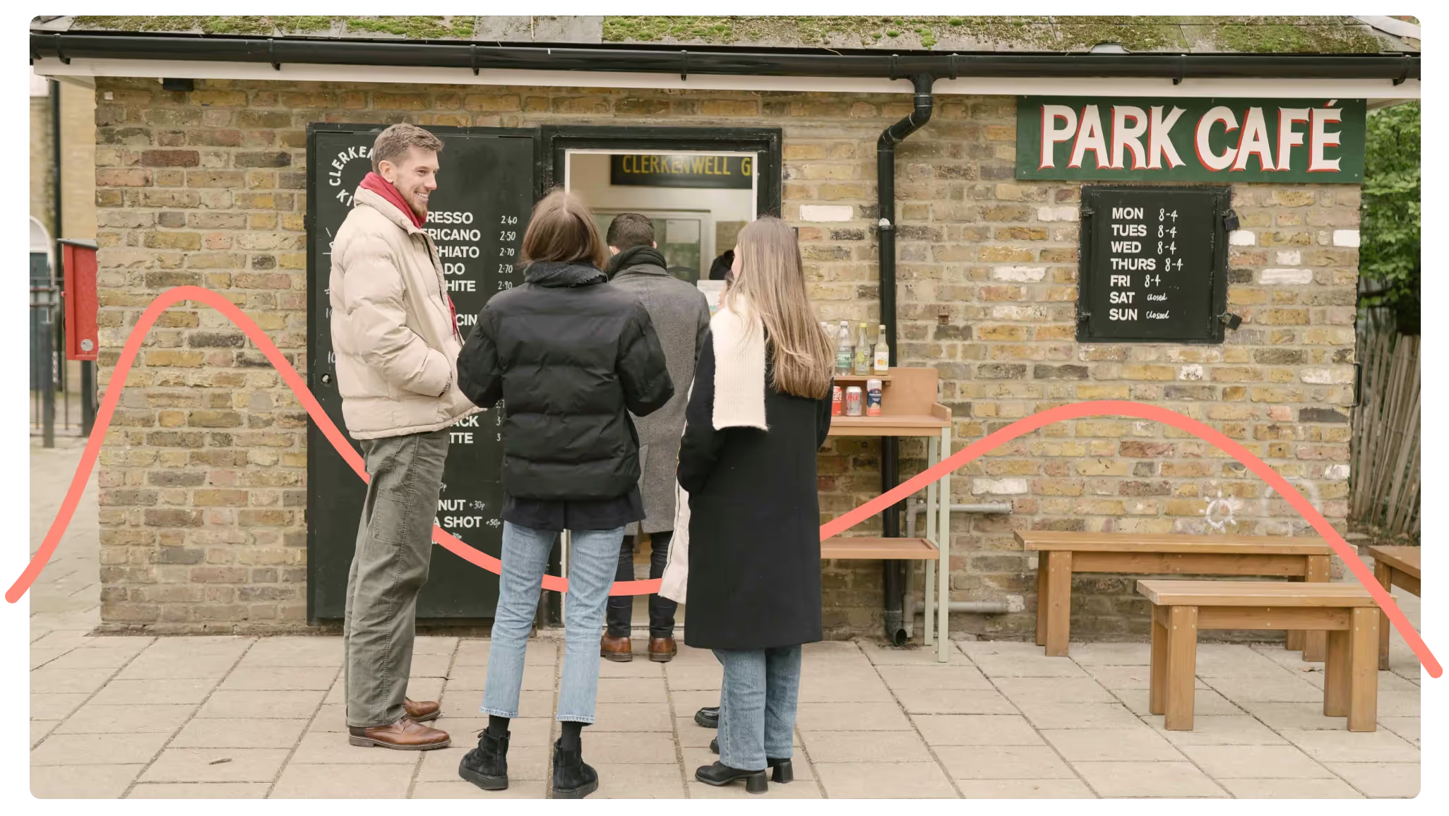 People queuing outside Park Café, with a coral line drawn across the photo