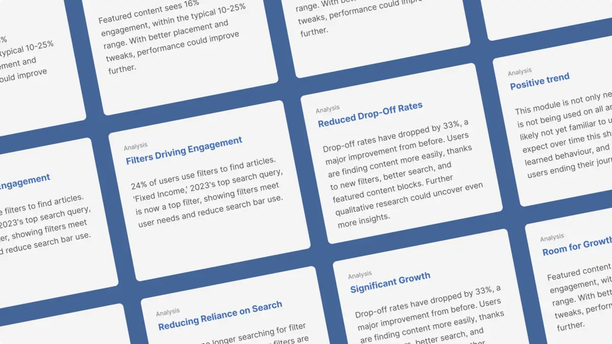 Analytics finding cards, such as 'Filters driving engagement' and 'Reduced drop-off rates'