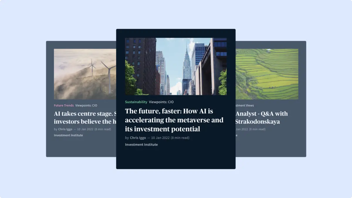 Investment Institute article cards with images, categories, authors and reading times