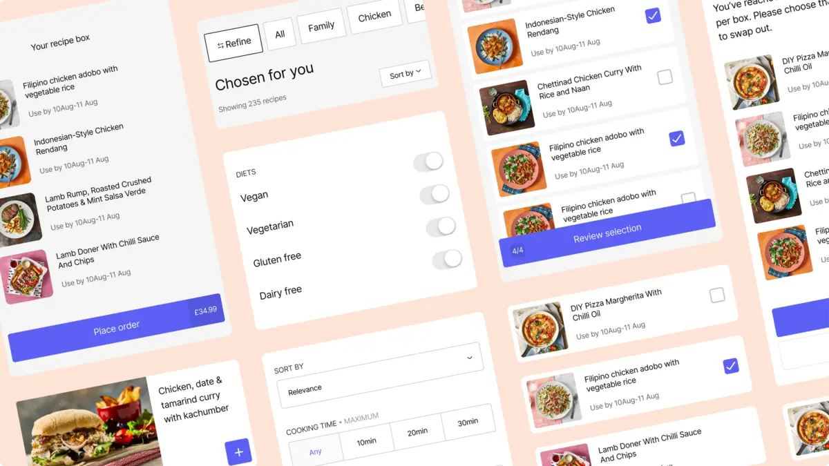 Gousto menu screens: recipe box, 'Chosen for you' recipes, diet filters and recipe selection