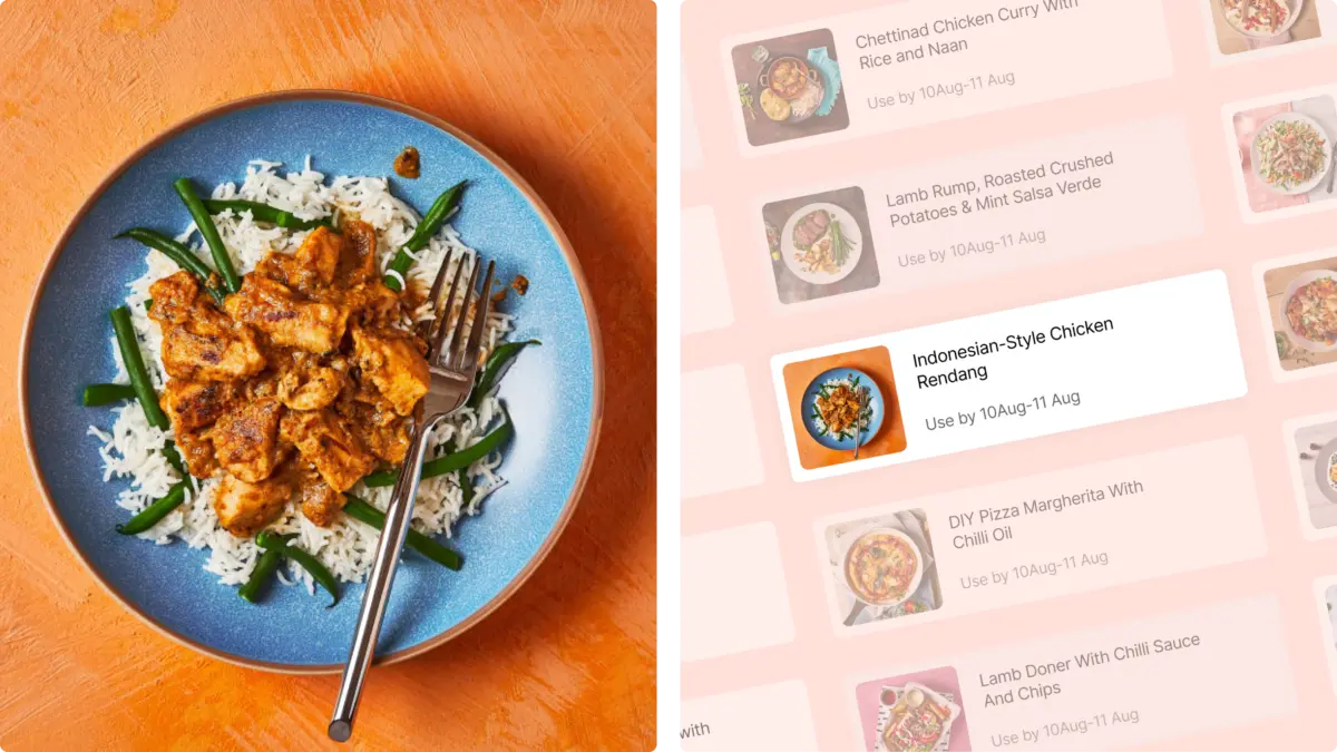 Chicken rendang dish beside a Gousto recipe list highlighting it