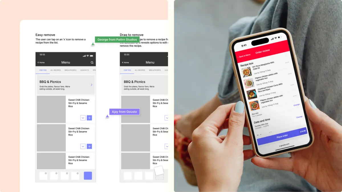 Shared wireframes for removing recipes, beside a phone showing the Gousto order review screen