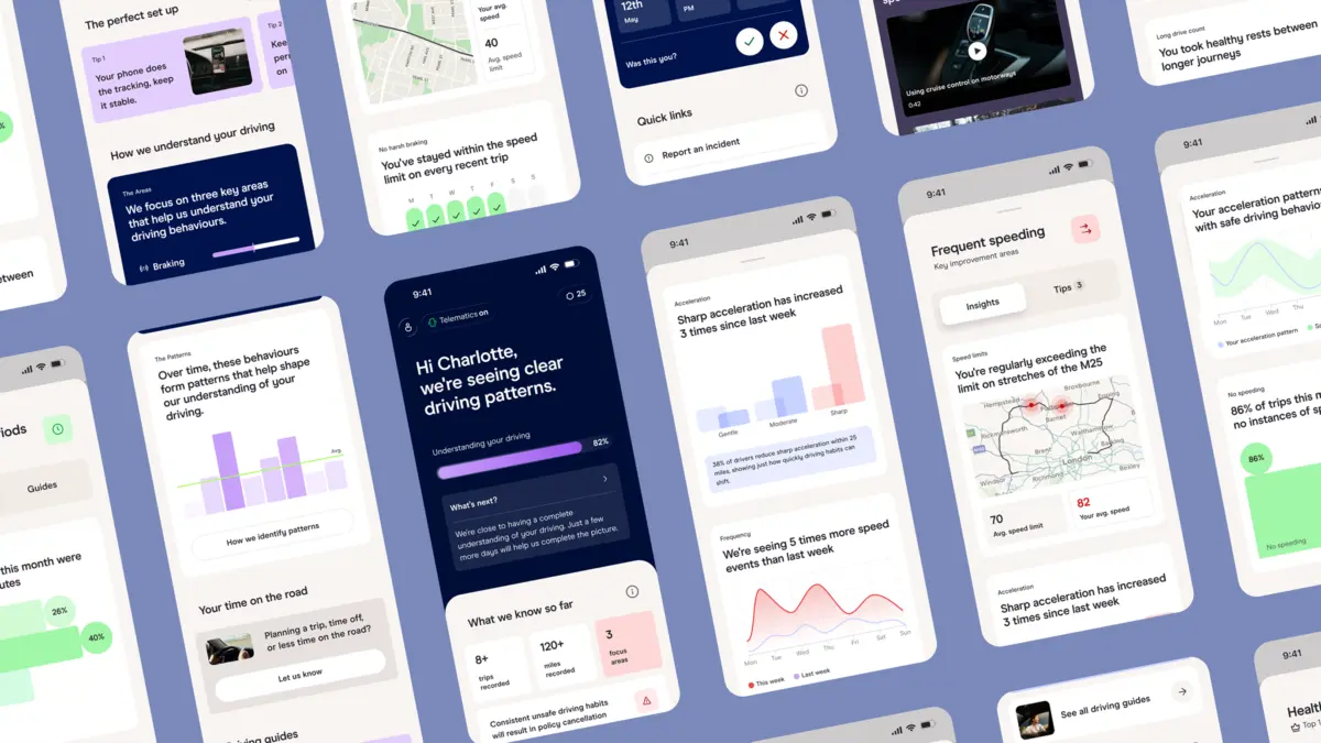 Collage of Zego telematics app screens showing driving patterns, speeding and acceleration insights